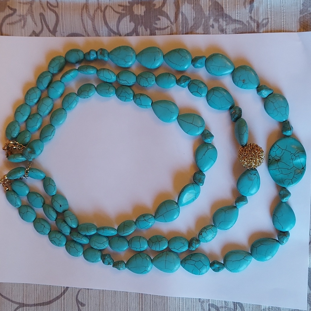 Rara Avis by Iris Apfel “3 ROW Simulated TURQUOISE”Goldtone Cluster Necklace~19”